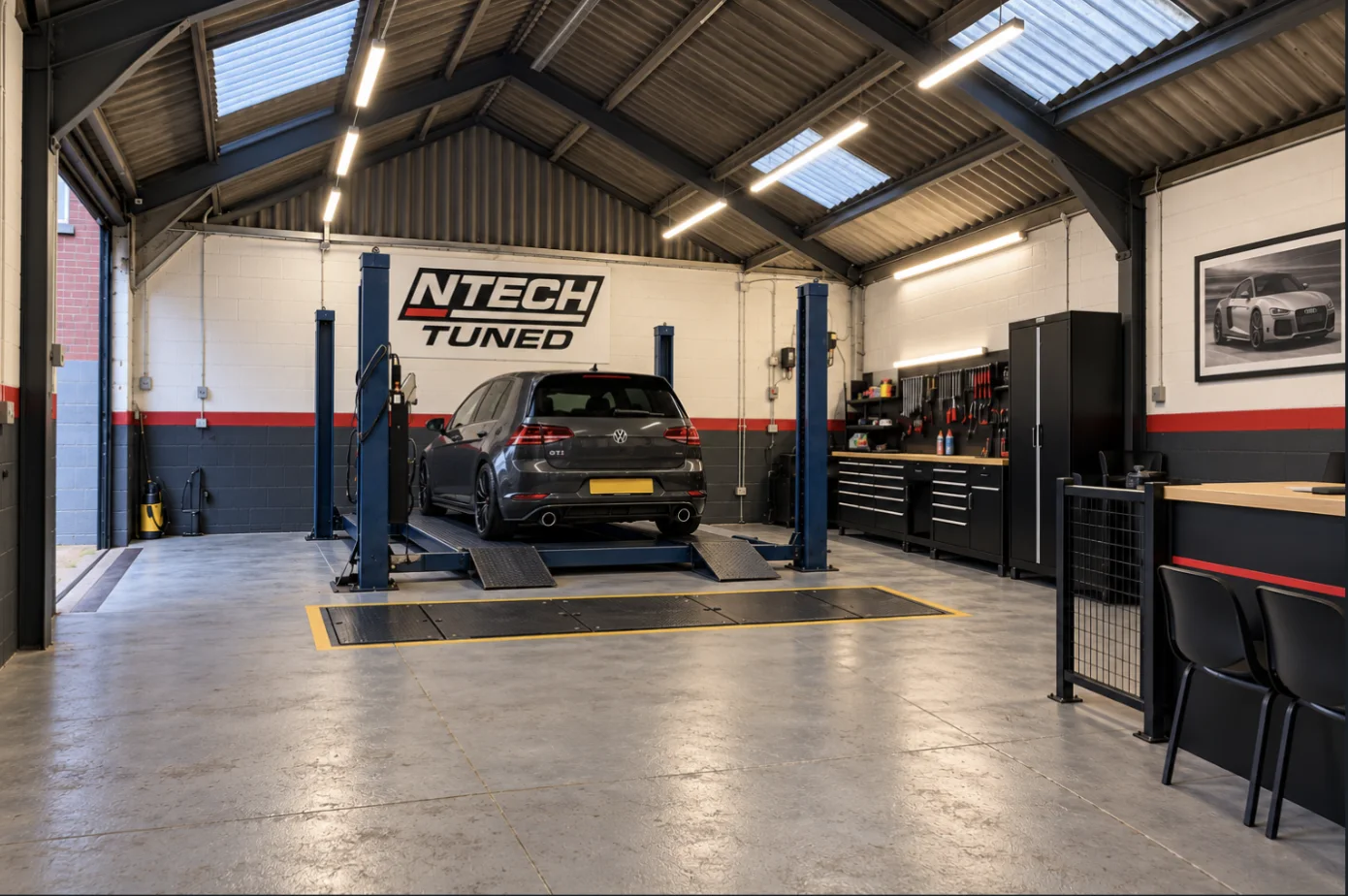 NTECH workshop redesign concept: blue vehicle lift, Golf GTI, organised tool wall and NTECH TUNED signage